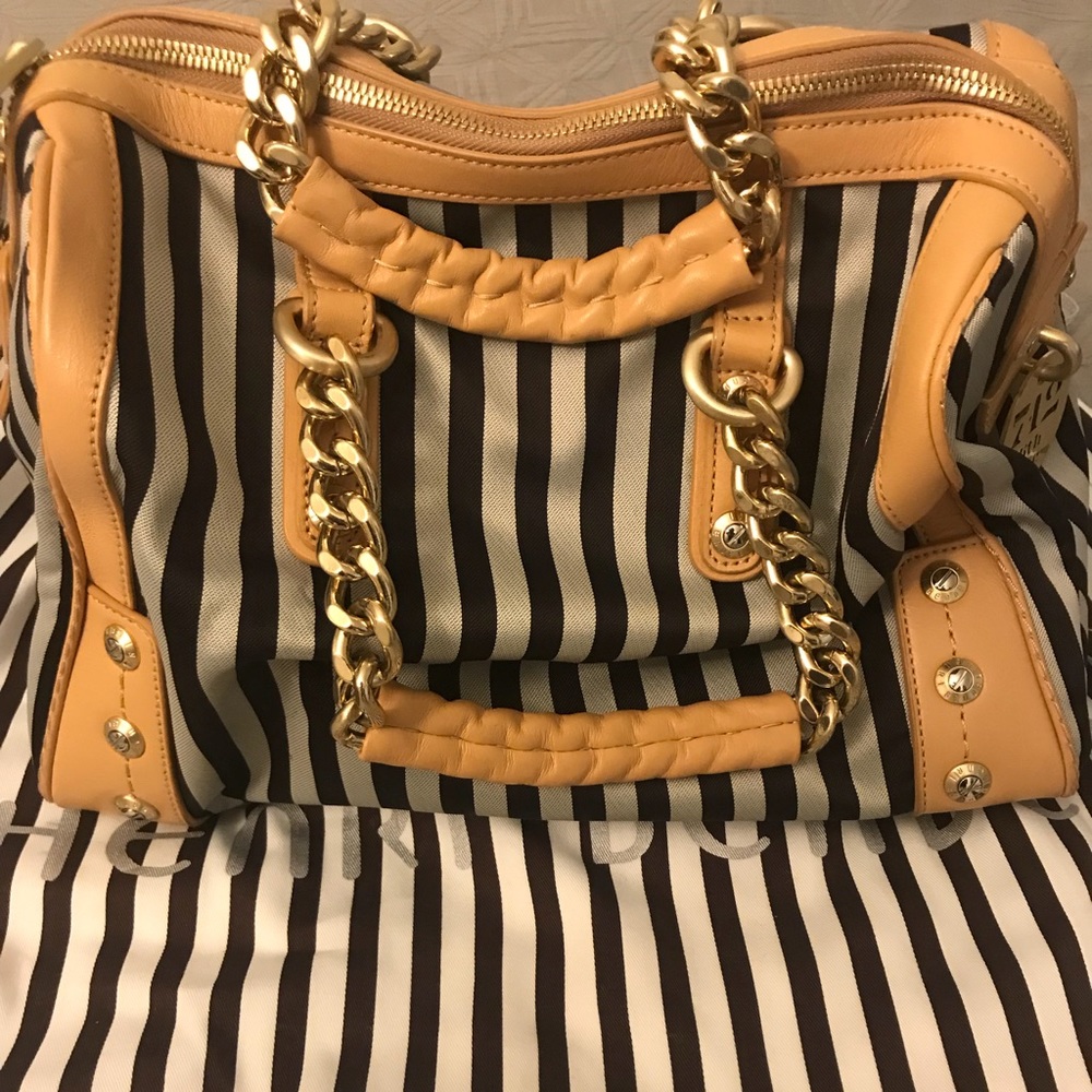 Henri Bendel Brown and White Stripe Barrel Bag